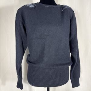 Vintage Interim Sweater L Black Lambswool Angora Sequin Beaded 80s Glam Festive